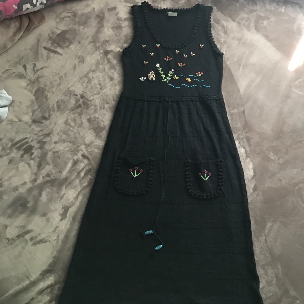 Betsey Johnson Black Sleeveless Midi Dress with Colorful Embroidery